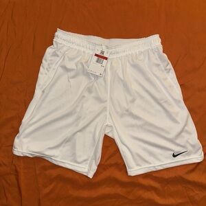 White Nike Dri-Fit Shorts Green Swoosh Pocketless Men’s Shorts L